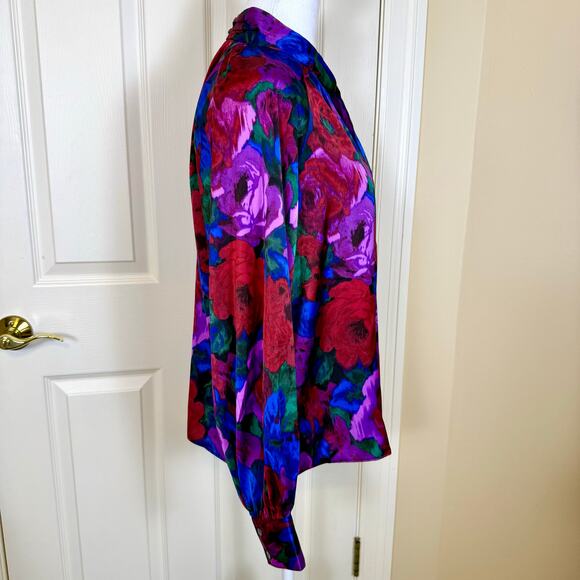 Talbots Twist Neck Satin Charmeuse Top Wrapped Jewel Tone Floral Large Petite - Picture 2 of 9